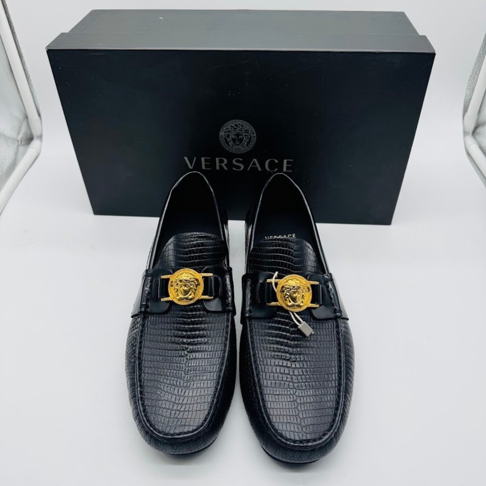 Versace Medusa Biggie Black Lizard Embossed Leather Loafers‎ Mens Driving Shoes